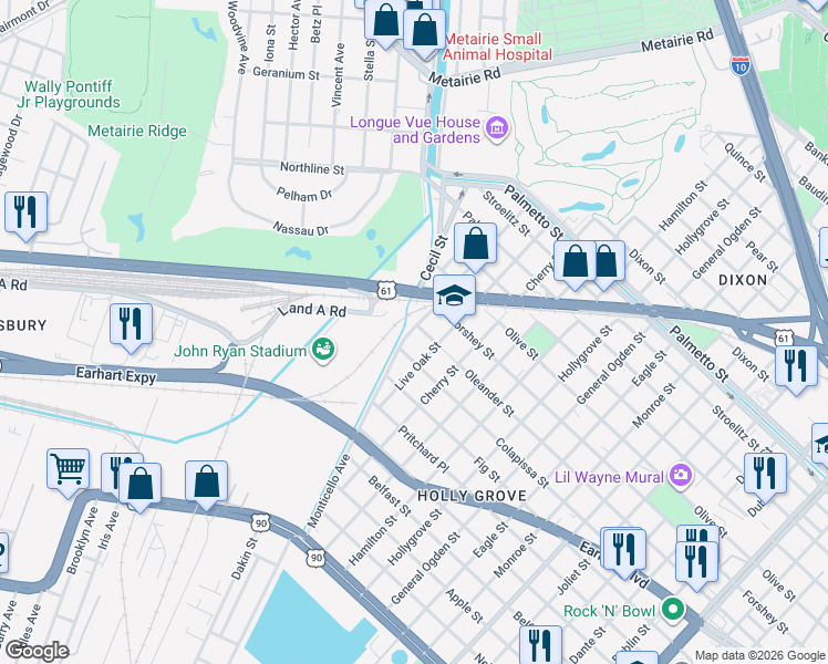 map of restaurants, bars, coffee shops, grocery stores, and more near 3200 Livingston Street in New Orleans