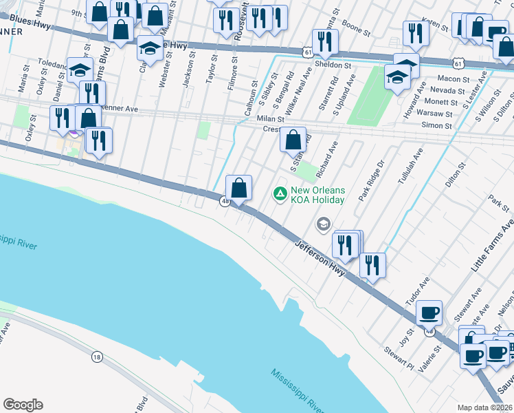 map of restaurants, bars, coffee shops, grocery stores, and more near 2505 Bengal Road in River Ridge