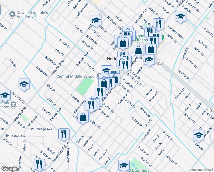 map of restaurants, bars, coffee shops, grocery stores, and more near 201-299 North 17th Street in Nederland