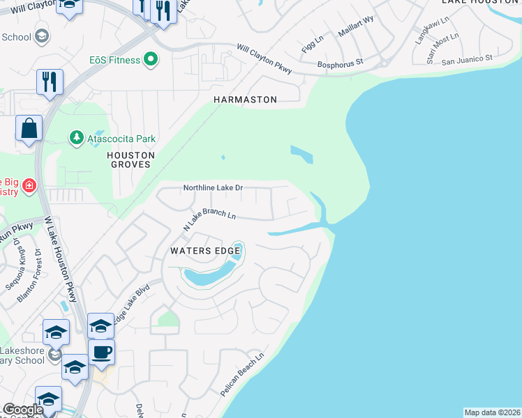map of restaurants, bars, coffee shops, grocery stores, and more near 17115 Nulakewest Court in Houston
