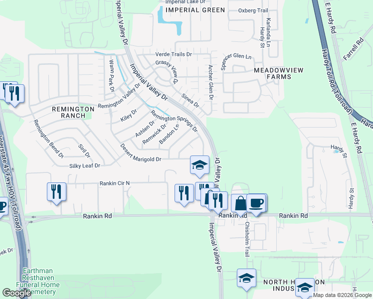 map of restaurants, bars, coffee shops, grocery stores, and more near 803 Sun Lodge Drive in Houston