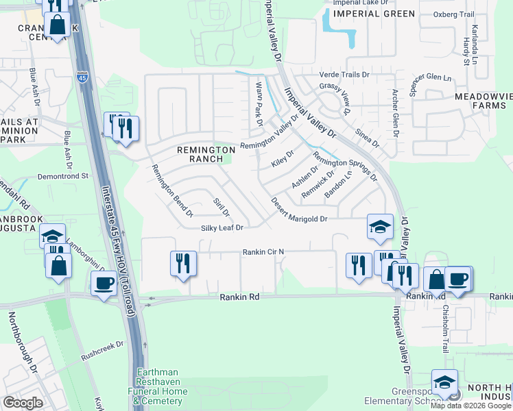 map of restaurants, bars, coffee shops, grocery stores, and more near 18911 Desert Marigold Drive in Houston