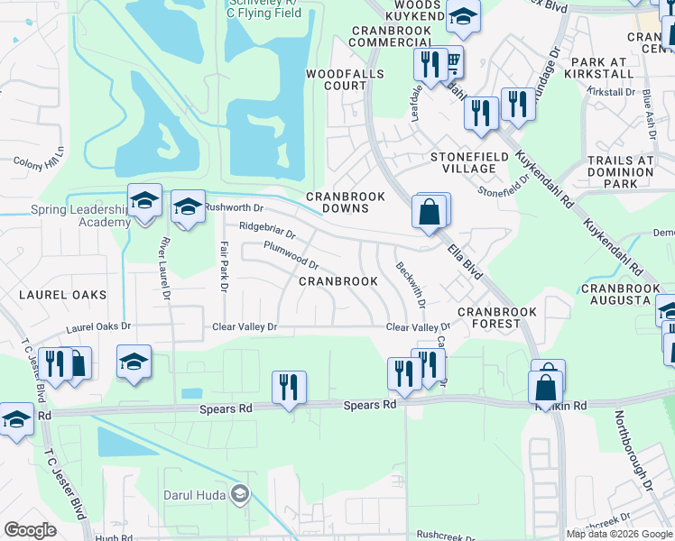 map of restaurants, bars, coffee shops, grocery stores, and more near 1531 Ridgebriar Drive in Houston