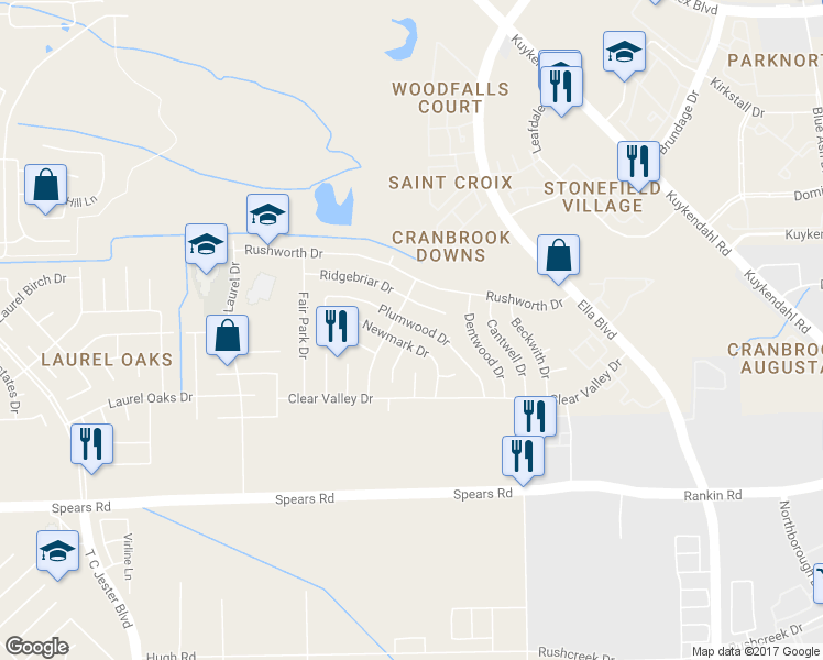 map of restaurants, bars, coffee shops, grocery stores, and more near 1531 Ridgebriar Drive in Houston