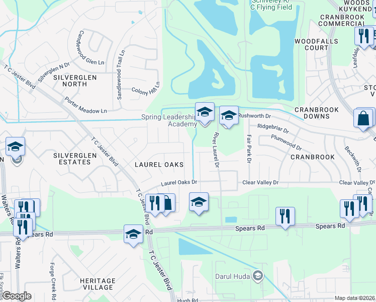 map of restaurants, bars, coffee shops, grocery stores, and more near 12702 Laurel Bank Way in Houston