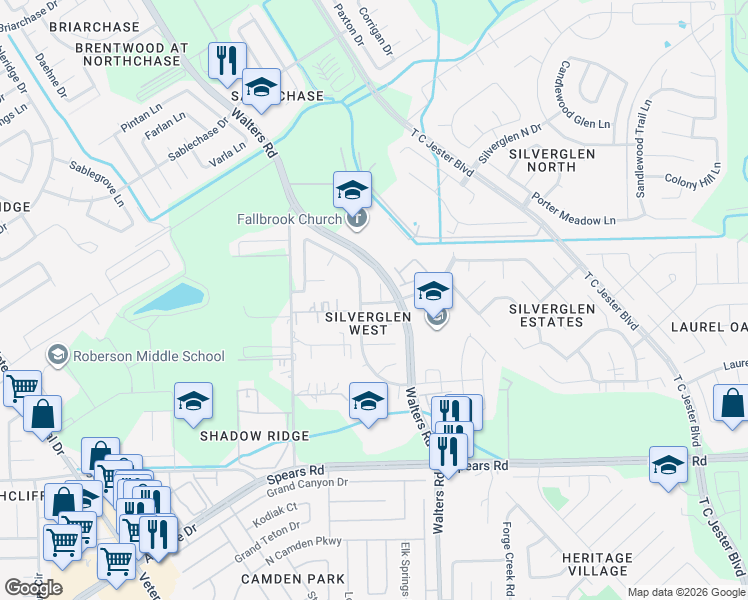 map of restaurants, bars, coffee shops, grocery stores, and more near 12519 Waterfowl Court in Houston