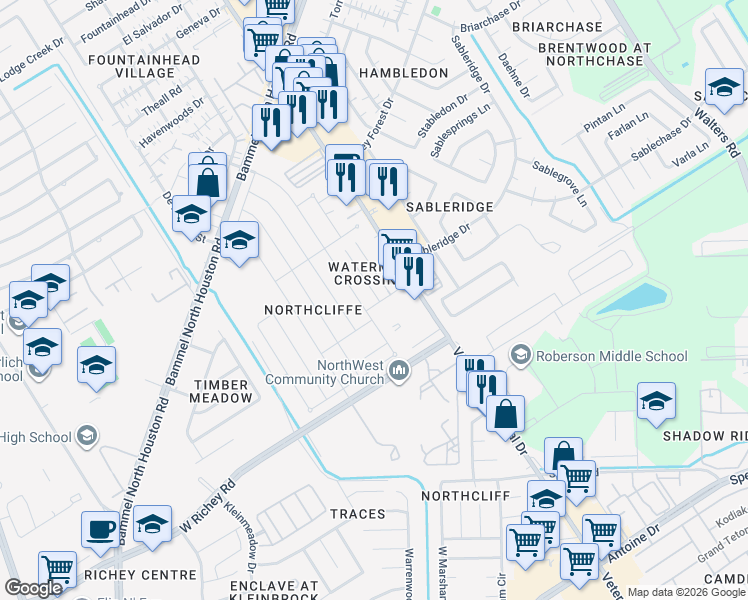 map of restaurants, bars, coffee shops, grocery stores, and more near 12971 Blackpool Place in Houston