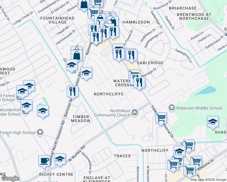 map of restaurants, bars, coffee shops, grocery stores, and more near 4215 Stonehenge Trail in Houston