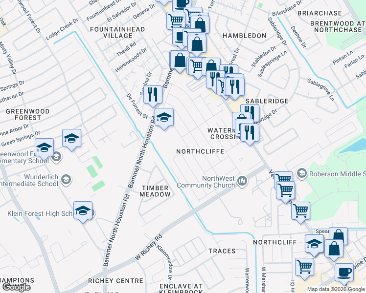 map of restaurants, bars, coffee shops, grocery stores, and more near 4230 Brandemere Way Street in Houston