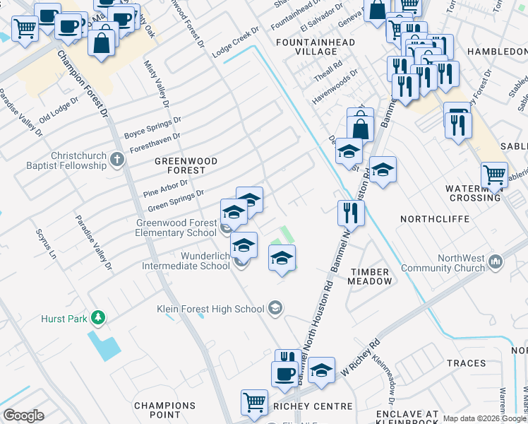 map of restaurants, bars, coffee shops, grocery stores, and more near 12004 Mighty Oak Drive in Houston