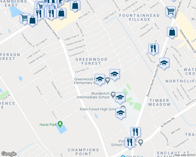 map of restaurants, bars, coffee shops, grocery stores, and more near 5426 Spanish Oak Drive in Houston
