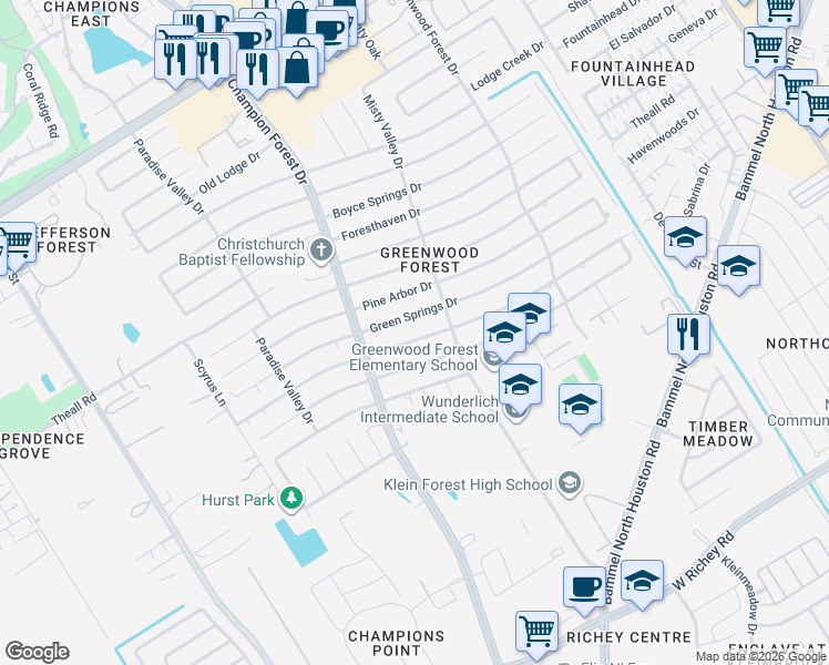 map of restaurants, bars, coffee shops, grocery stores, and more near 5526 Green Springs Drive in Houston
