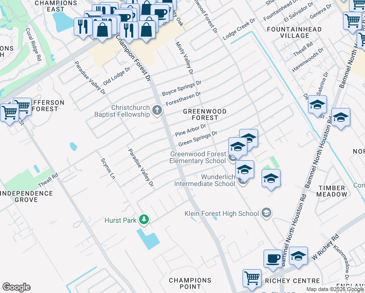 map of restaurants, bars, coffee shops, grocery stores, and more near 5623 Pine Arbor Drive in Houston