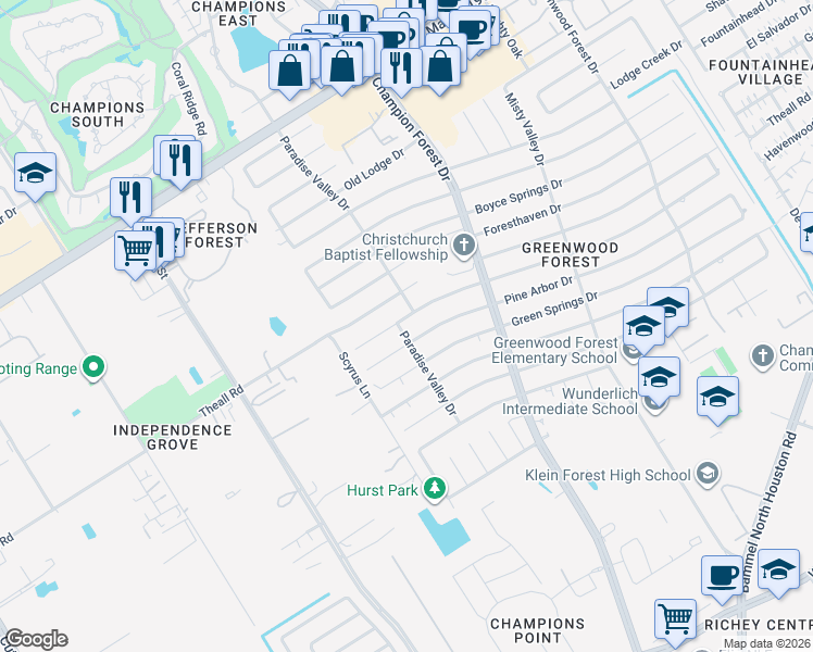 map of restaurants, bars, coffee shops, grocery stores, and more near 5911 Theall Road in Houston