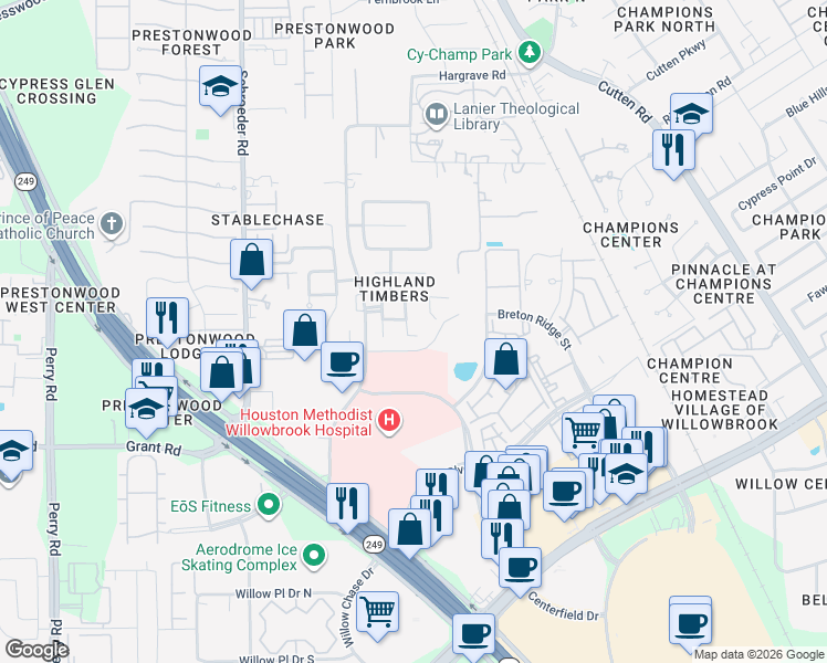 map of restaurants, bars, coffee shops, grocery stores, and more near 13426 Parkchase Timber Drive in Houston