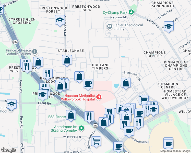 map of restaurants, bars, coffee shops, grocery stores, and more near 13503 Highland Park Court in Houston