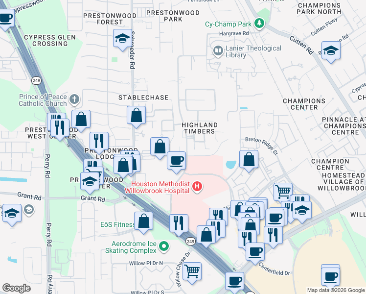 map of restaurants, bars, coffee shops, grocery stores, and more near 13503 Highland Park Court in Houston
