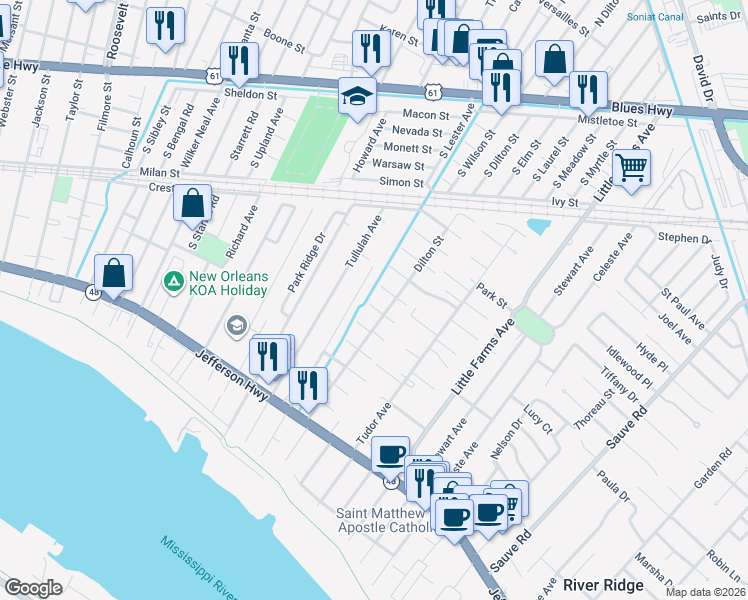 map of restaurants, bars, coffee shops, grocery stores, and more near 10617 Chadwick Street in River Ridge