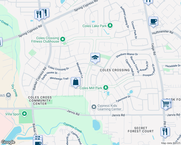 map of restaurants, bars, coffee shops, grocery stores, and more near 16111 Coles Crossing Drive in Cypress