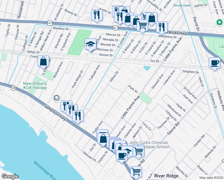 map of restaurants, bars, coffee shops, grocery stores, and more near 10537 Carthage Street in River Ridge