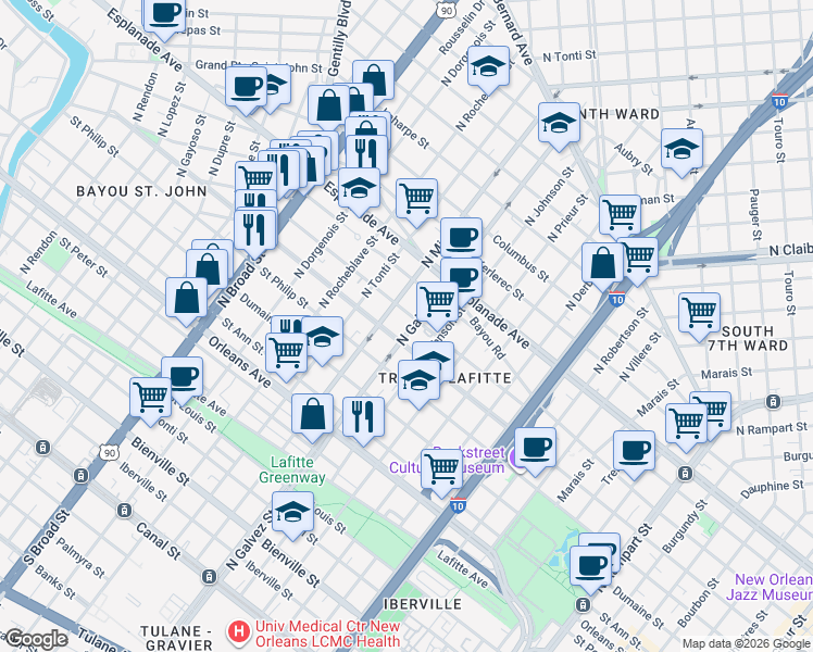 map of restaurants, bars, coffee shops, grocery stores, and more near 2232 Governor Nicholls Street in New Orleans