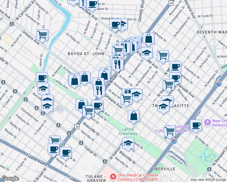 map of restaurants, bars, coffee shops, grocery stores, and more near 2630 Dumaine Street in New Orleans
