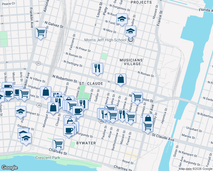 map of restaurants, bars, coffee shops, grocery stores, and more near 3522 North Claiborne Avenue in New Orleans