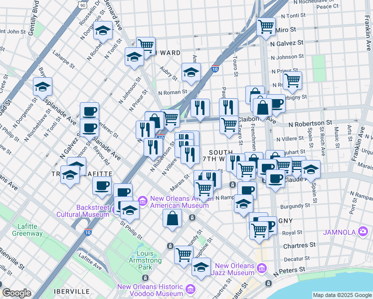 map of restaurants, bars, coffee shops, grocery stores, and more near 1415 Saint Bernard Avenue in New Orleans