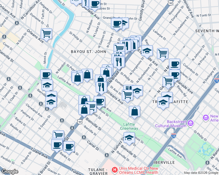 map of restaurants, bars, coffee shops, grocery stores, and more near 801 North Broad Street in New Orleans