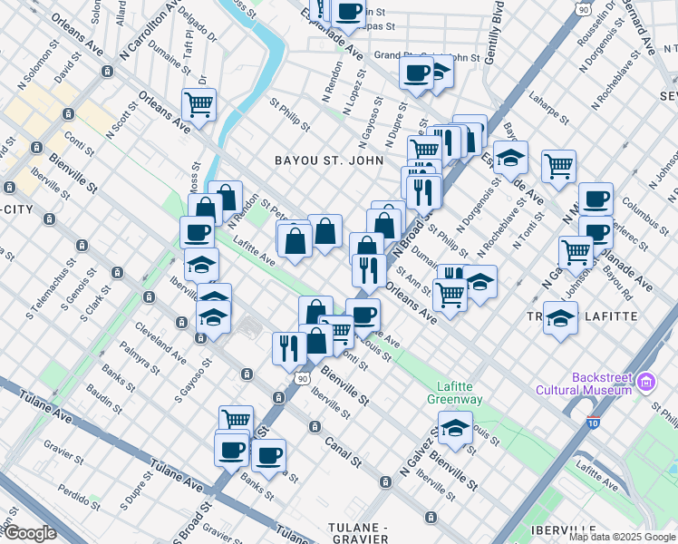 map of restaurants, bars, coffee shops, grocery stores, and more near 2751 Orleans Avenue in New Orleans