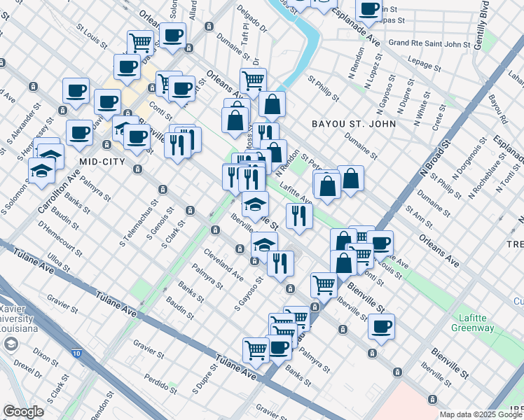 map of restaurants, bars, coffee shops, grocery stores, and more near 3313 Bienville Street in New Orleans