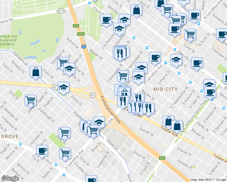 map of restaurants, bars, coffee shops, grocery stores, and more near 4313 Ulloa Street in New Orleans