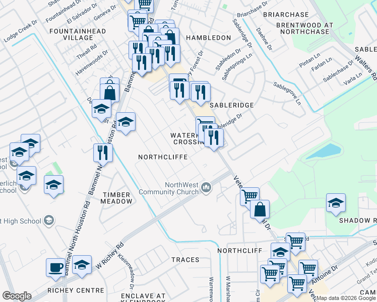 map of restaurants, bars, coffee shops, grocery stores, and more near 4138 Brookhead Trail in Houston