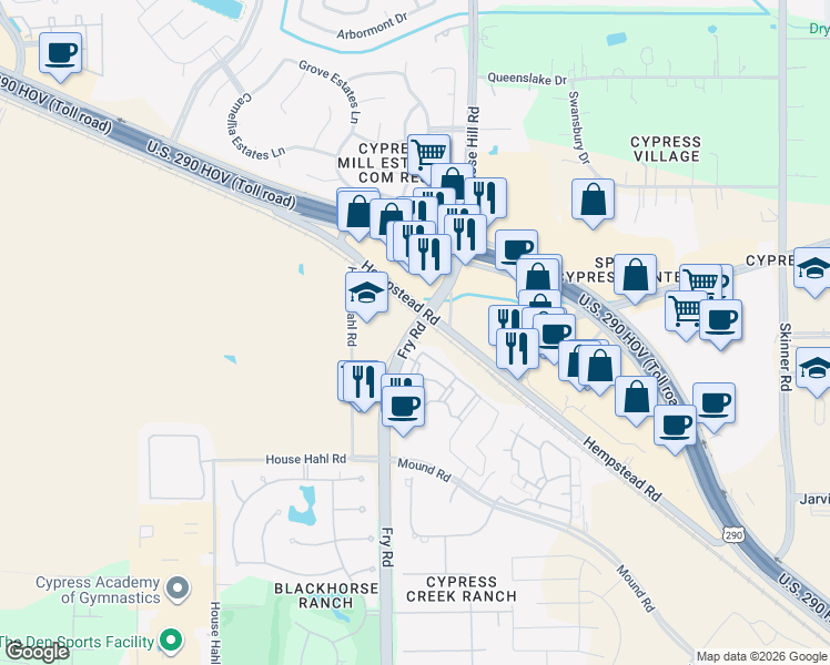 map of restaurants, bars, coffee shops, grocery stores, and more near 26251 Northwest Freeway in Cypress