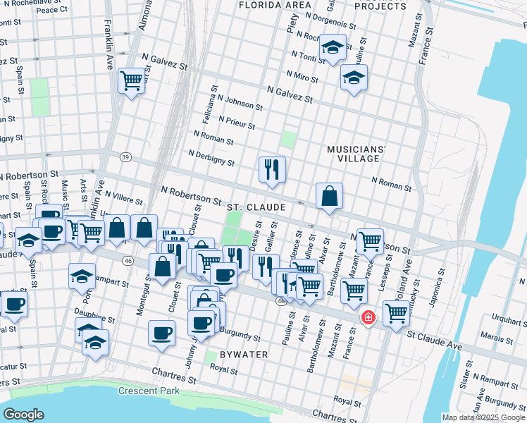 map of restaurants, bars, coffee shops, grocery stores, and more near 1503 Desire Street in New Orleans