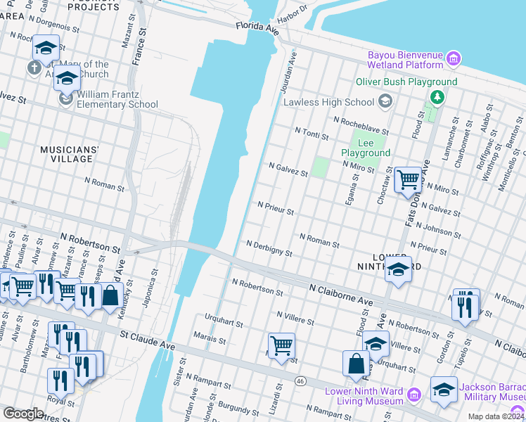 map of restaurants, bars, coffee shops, grocery stores, and more near 1832 Deslonde Street in New Orleans