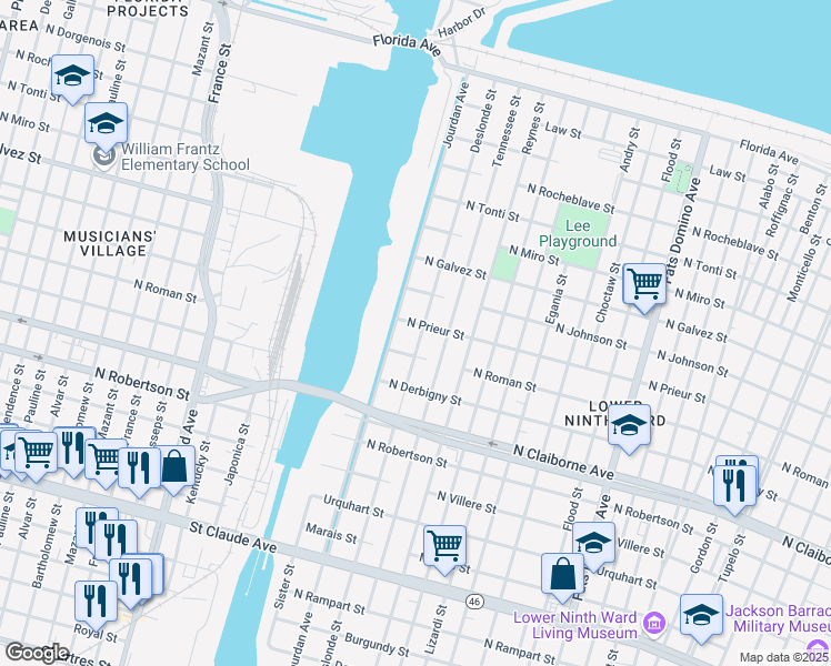 map of restaurants, bars, coffee shops, grocery stores, and more near 1832 Deslonde Street in New Orleans
