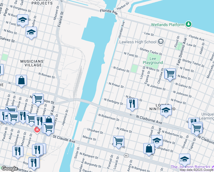 map of restaurants, bars, coffee shops, grocery stores, and more near 1827 Jourdan Avenue in New Orleans