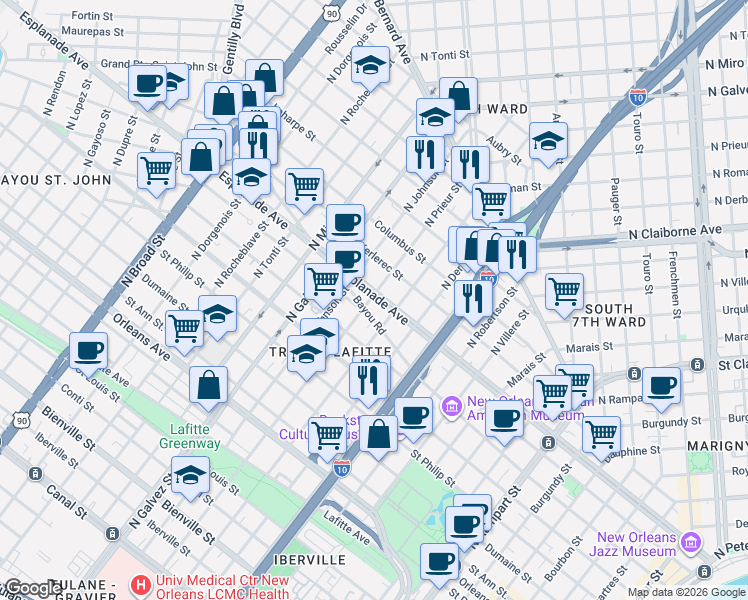 map of restaurants, bars, coffee shops, grocery stores, and more near in New Orleans