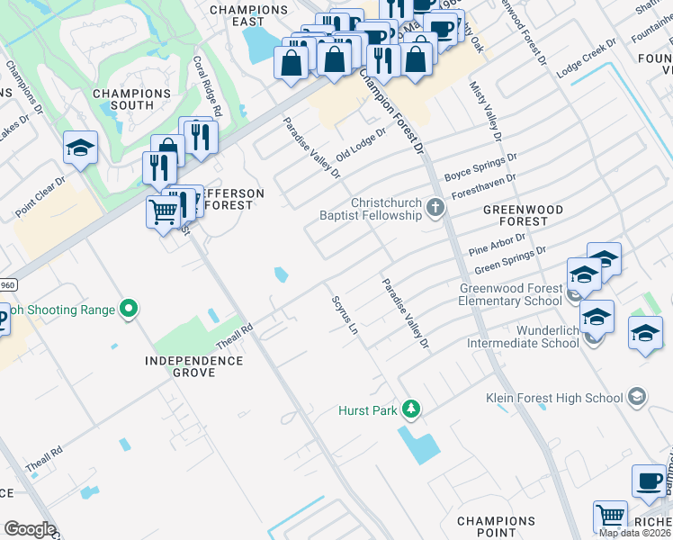map of restaurants, bars, coffee shops, grocery stores, and more near 5931 Foresthaven Drive in Houston