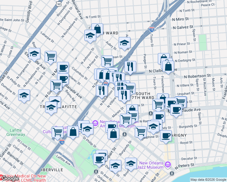 map of restaurants, bars, coffee shops, grocery stores, and more near 1540 North Claiborne Avenue in New Orleans