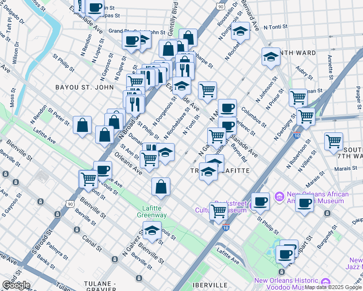 map of restaurants, bars, coffee shops, grocery stores, and more near 2339 Ursulines Avenue in New Orleans