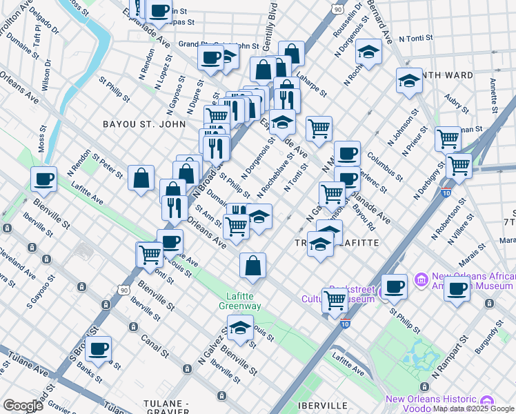 map of restaurants, bars, coffee shops, grocery stores, and more near 1010 North Rocheblave Street in New Orleans