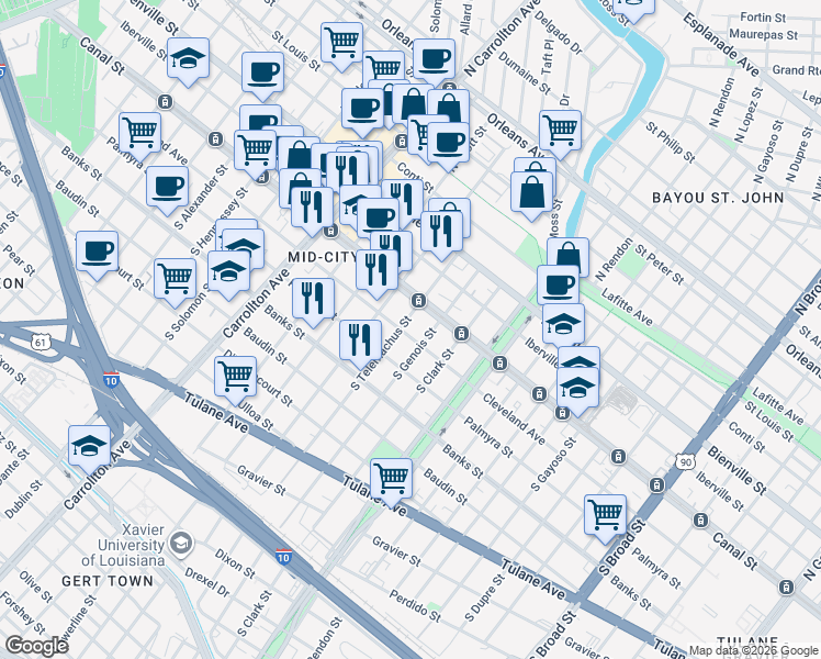 map of restaurants, bars, coffee shops, grocery stores, and more near 3720 Canal Street in New Orleans