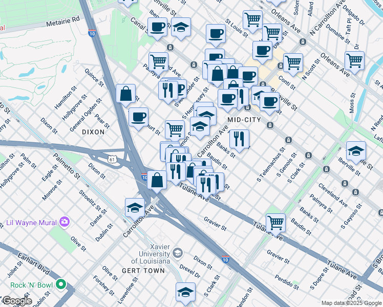 map of restaurants, bars, coffee shops, grocery stores, and more near 4120 Baudin Street in New Orleans