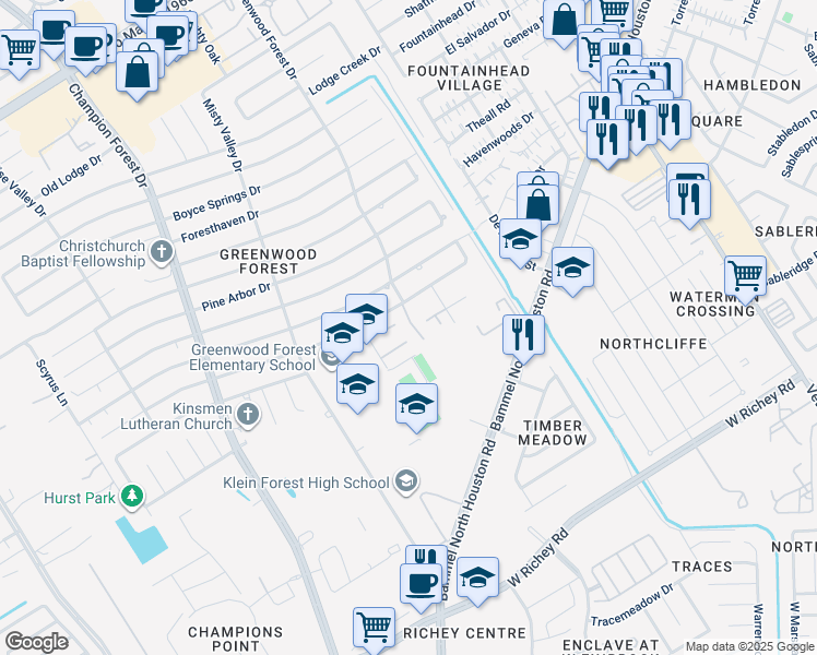 map of restaurants, bars, coffee shops, grocery stores, and more near 12004 Mighty Oak Drive in Houston