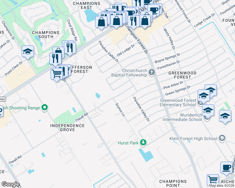 map of restaurants, bars, coffee shops, grocery stores, and more near 5931 Foresthaven Drive in Houston