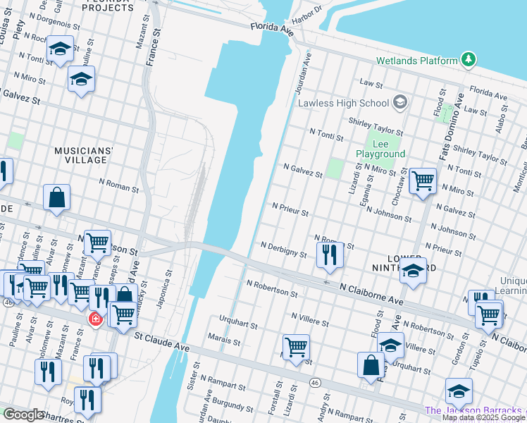 map of restaurants, bars, coffee shops, grocery stores, and more near 1827 Jourdan Avenue in New Orleans
