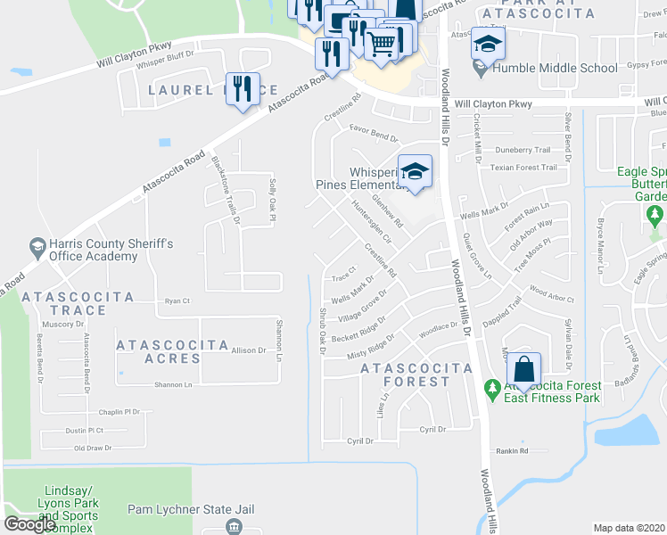 map of restaurants, bars, coffee shops, grocery stores, and more near 17318 Shrub Oak Drive in Humble