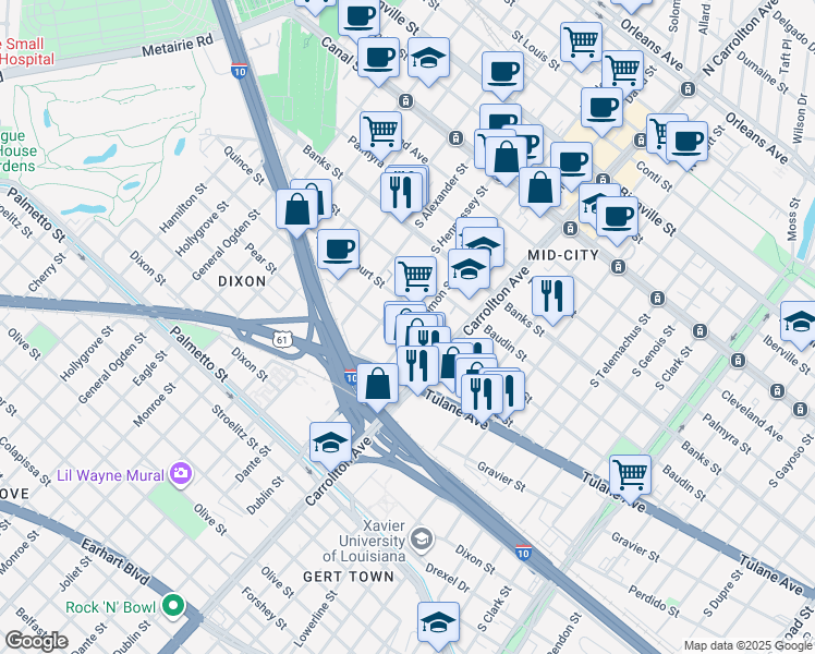 map of restaurants, bars, coffee shops, grocery stores, and more near 4210 D Hemecourt Street in New Orleans